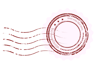 Round Kaia Kini postmark graphic with wavy postage lines in deep red